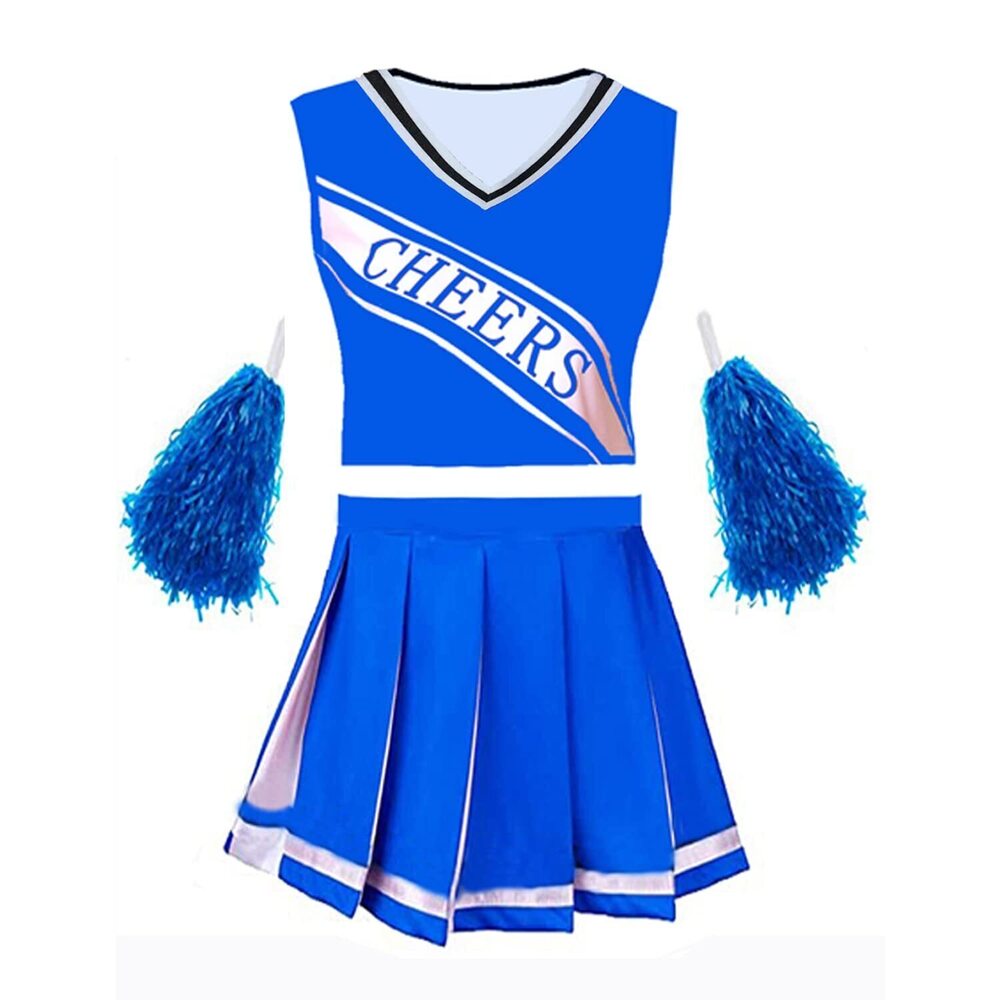 8861 Cheerleader Costume Fancy School Uniform Dress+Pom Poms Size S, Blue